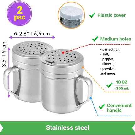 2 Stainless Steel Salt & Pepper Dredge (10 + 14 oz) + 14 ounce Metal Parmesan Cheese Shaker (Large Holes) - with Plastic Caps & Handles Bundle