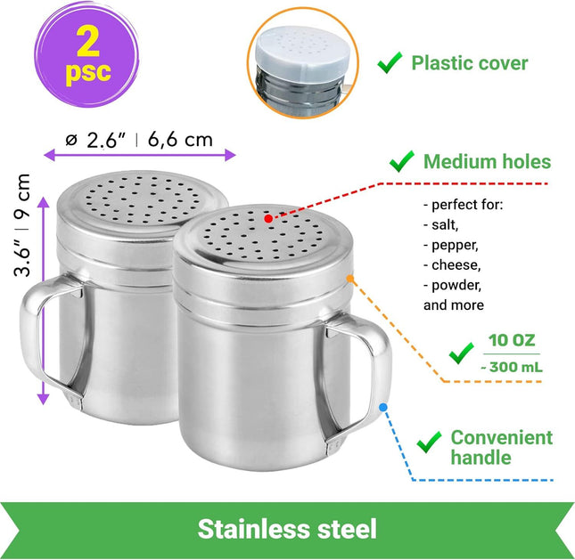 2 Stainless Steel Salt & Pepper Dredge (10 Plus 14 oz) Plus 14 ounce Metal Parmesan Cheese Shaker (Large – product detail