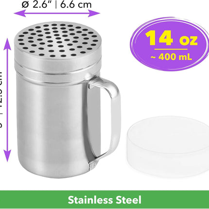 2 Stainless Steel Salt & Pepper Dredge (10 + 14 oz) + 14 ounce Metal Parmesan Cheese Shaker (Large Holes) - with Plastic Caps & Handles Bundle