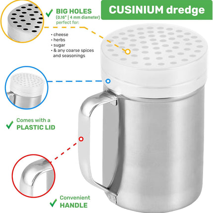 2 Stainless Steel Salt & Pepper Dredge (10 + 14 oz) + 14 ounce Metal Parmesan Cheese Shaker (Large Holes) - with Plastic Caps & Handles Bundle
