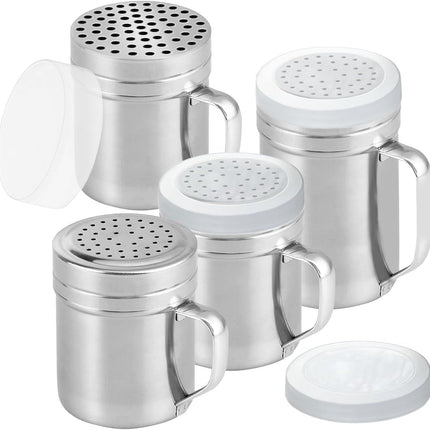 2 Stainless Steel Salt & Pepper Dredge (10 + 14 oz) + 10 ounce Metal Parmesan Cheese Shaker (Large Holes) - with Plastic Caps & Handles Bundle