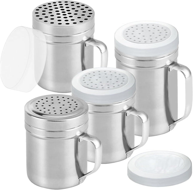 2 Stainless Steel Salt & Pepper Dredge (10 Plus 14 oz) Plus 10 ounce Metal Parmesan Cheese Shaker (Large