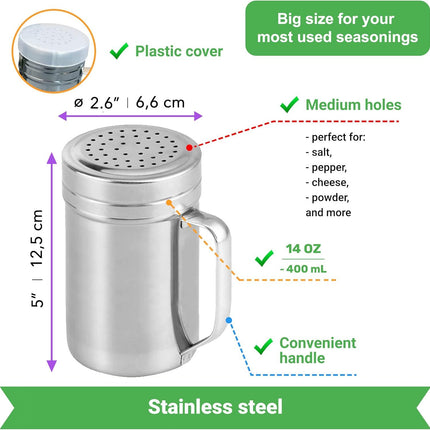2 Stainless Steel Salt & Pepper Dredge (10 + 14 oz) + 10 ounce Metal Parmesan Cheese Shaker (Large Holes) - with Plastic Caps & Handles Bundle