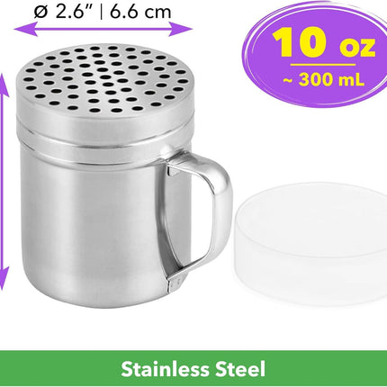 2 Stainless Steel Salt & Pepper Dredge (10 + 14 oz) + 10 ounce Metal Parmesan Cheese Shaker (Large Holes) - with Plastic Caps & Handles Bundle