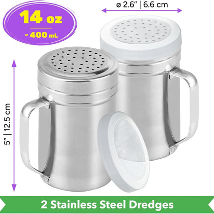 [2-pack] 14oz Seasonings Spice Shaker with Medium Holes, [2-pack] 14oz Metal Parmesan Cheese Shaker with Large Holes - with Handle and Plastic Cap