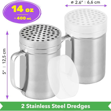 [2-pack] 14oz Seasonings Spice Shaker with Medium Holes, [2-pack] 14oz Metal Parmesan Cheese Shaker with Large Holes - with Handle and Plastic Cap