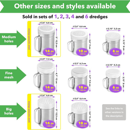 [2-pack] 14oz Seasonings Spice Shaker with Medium Holes, [2-pack] 14oz Metal Parmesan Cheese Shaker with Large Holes - with Handle and Plastic Cap