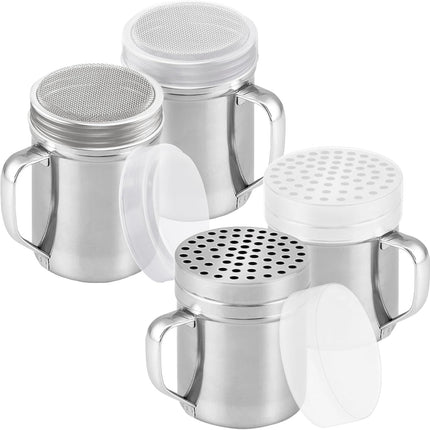 [2-pack] 10oz Metal Cheese Shaker with Large Holes, [2-pack] 10oz Powdered Sugar Shaker with ine Mesh - With Handle and Lids