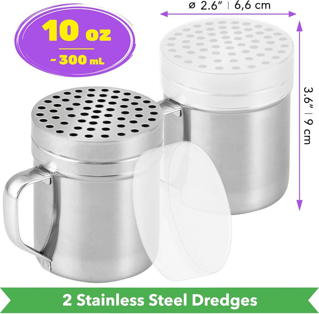 2-pack 10oz Metal Cheese Shaker with Large Holes 2-pack 10oz Powdered Sugar Shaker with ine Mesh – product detail
