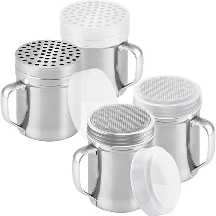 [2-pack] 6oz Powdered Shaker with ine Mesh, [2-pack] 10oz Metal Parmesan Cheese Shaker with Large Holes - with Handle and Plastic Cap