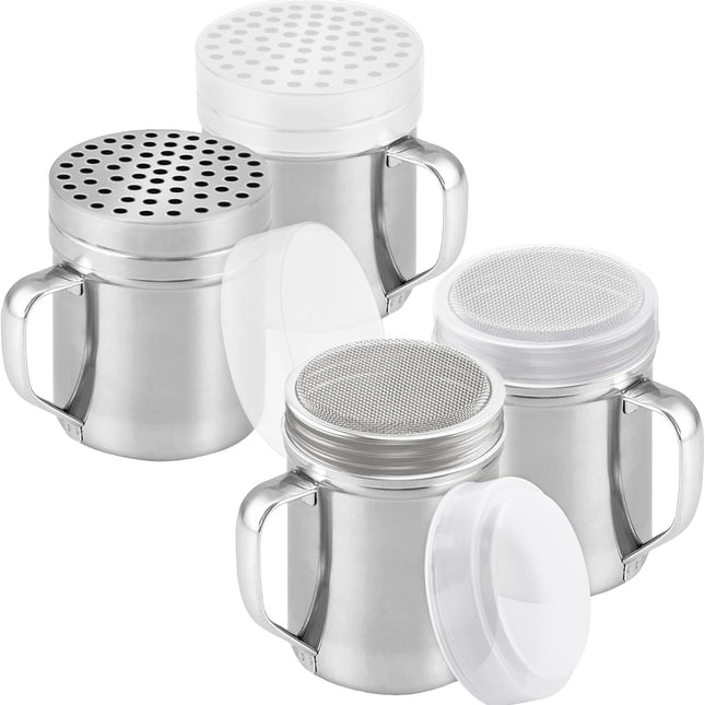 [2-pack] 6oz Powdered Shaker with ine Mesh, [2-pack] 10oz Metal Parmesan Cheese Shaker with Large Holes - with Handle and Plastic Cap