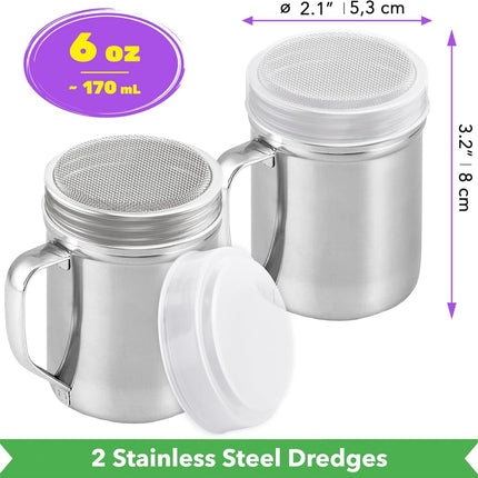[2-pack] 6oz Powdered Shaker with ine Mesh, [2-pack] 10oz Metal Parmesan Cheese Shaker with Large Holes - with Handle and Plastic Cap