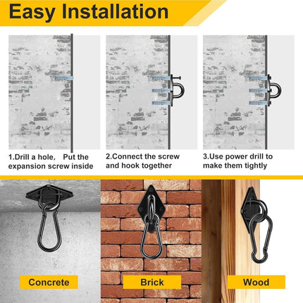 Heavy Duty Black Hammock Hooks Screws Bolts Included, Over 1700 lb Rust-Resistant Swing Hook Hardware, M10 Hanging Kit or Porch Yoga Seat Trapeze (Indoor/Outdoor)