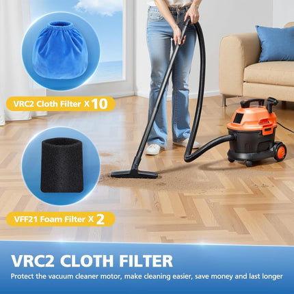 10 Pack VRC2 Cloth ilters or Vacmaster 1.5–3.2 Gallon Wet/Dry Vacuums, Compatible with Armor All 1.5 & 2.5 Gallon Shop Vac AA155, AA255, AA255W, Plus 2 Pack V21 oam ilters or Wet Pick-Up