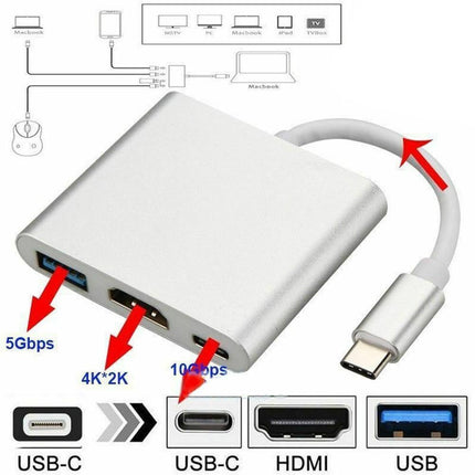 3 in 1 Portable Type-C Male to USB-C USB 3.0 4K HDMI-compatible Female Hub Adapter Cable Grey