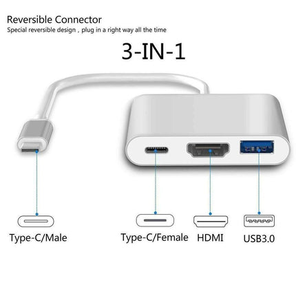 3 in 1 Portable Type-C Male to USB-C USB 3.0 4K HDMI-compatible Female Hub Adapter Cable Grey
