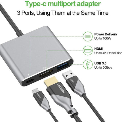 3 in 1 Portable Type-C Male to USB-C USB 3.0 4K HDMI-compatible Female Hub Adapter Cable Grey