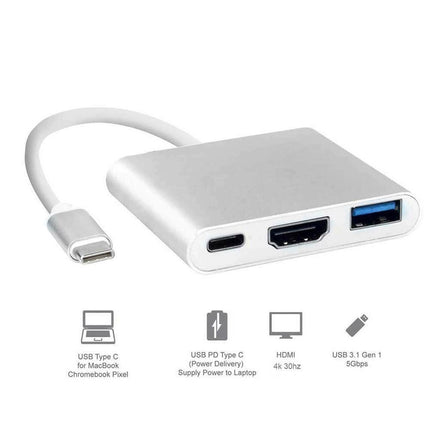 3 in 1 Portable Type-C Male to USB-C USB 3.0 4K HDMI-compatible Female Hub Adapter Cable Grey