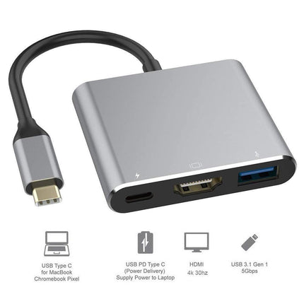 3 in 1 Portable Type-C Male to USB-C USB 3.0 4K HDMI-compatible Female Hub Adapter Cable Grey