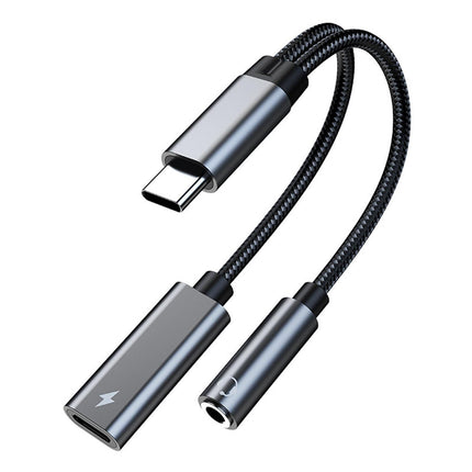 Converter Cable Multifunctional Noise Reduction Braided 2 in 1 Type-C to 3.5mm PD60W Converter Wire for Smartphone Silver Gray