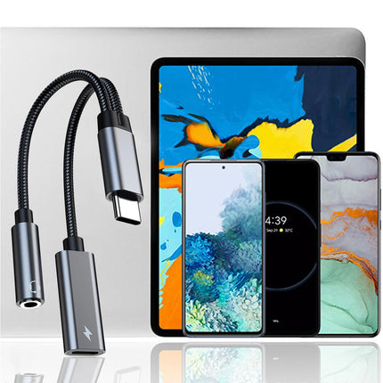 Converter Cable Multifunctional Noise Reduction Braided 2 in 1 Type-C to 3.5mm PD60W Converter Wire for Smartphone Silver Gray