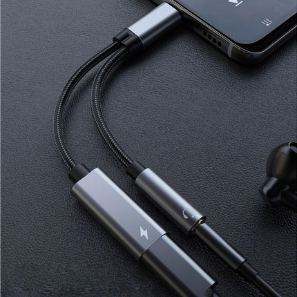 Converter Cable Multifunctional Noise Reduction Braided 2 in 1 Type-C to 3.5mm PD60W Converter Wire for Smartphone Silver Gray