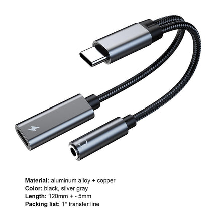Converter Cable Multifunctional Noise Reduction Braided 2 in 1 Type-C to 3.5mm PD60W Converter Wire for Smartphone Silver Gray