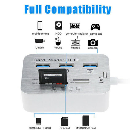 Multi-in-1 3 Ports USB 3.0 High Speed Hub Adapter with MS SD M2 TF Card Reader