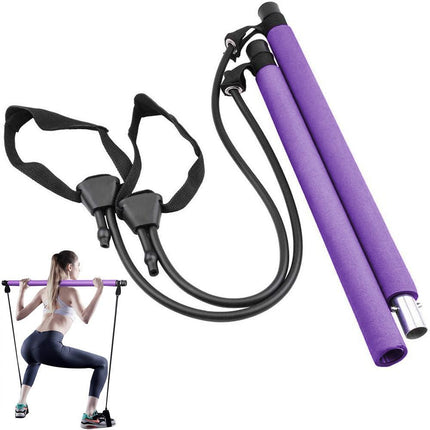 Pilates Exercise Stick Kit,Portable Compact 3-Section Yoga Resistance Bands for Legs and Butt, Pilates Bar with Foot Strap for Full Body Workout - Purple
