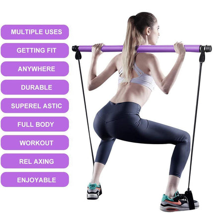 Pilates Exercise Stick Kit,Portable Compact 3-Section Yoga Resistance Bands for Legs and Butt, Pilates Bar with Foot Strap for Full Body Workout - Purple
