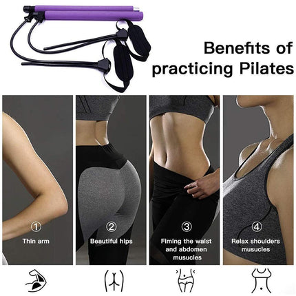 Pilates Exercise Stick Kit,Portable Compact 3-Section Yoga Resistance Bands for Legs and Butt, Pilates Bar with Foot Strap for Full Body Workout - Purple