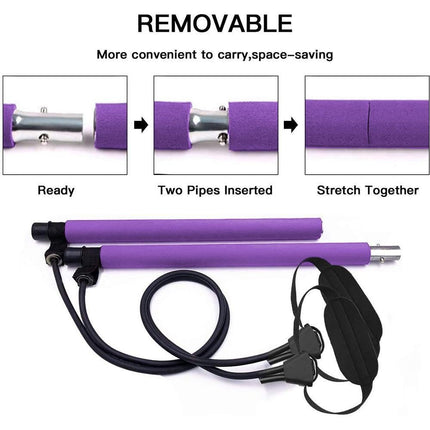 Pilates Exercise Stick Kit,Portable Compact 3-Section Yoga Resistance Bands for Legs and Butt, Pilates Bar with Foot Strap for Full Body Workout - Purple