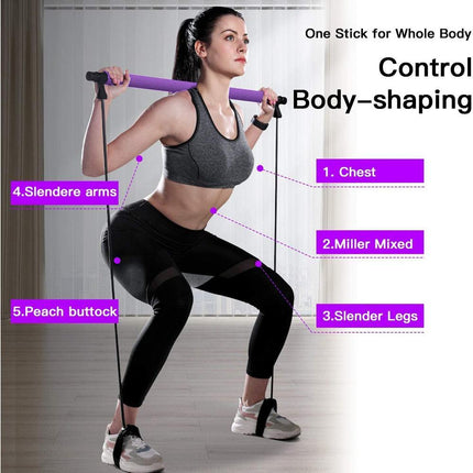 Pilates Exercise Stick Kit,Portable Compact 3-Section Yoga Resistance Bands for Legs and Butt, Pilates Bar with Foot Strap for Full Body Workout - Purple