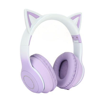 Cat Ear Bluetooth Gaming Headphones Wireless Foldable Music Headset with LED Light Detachable Microphone 3.5mm Cable Purple