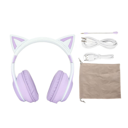 Cat Ear Bluetooth Gaming Headphones Wireless Foldable Music Headset with LED Light Detachable Microphone 3.5mm Cable Purple