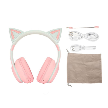Cat Ear Bluetooth Gaming Headphones Wireless Foldable Music Headset with LED Light Detachable Microphone 3.5mm Cable Pink