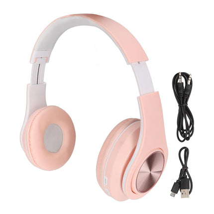 Bluetooth Headset Noise Reduction Foldable Over Ear Wireless Headphone with Colorful Light for Phone Laptop Pink