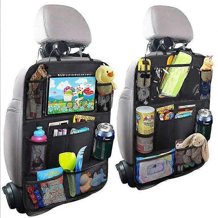 Car Back Organizer with Touch Screen Tablet Holder + 9 Storage Pockets Kick Mats Back Protectors Great Travel Accessories
