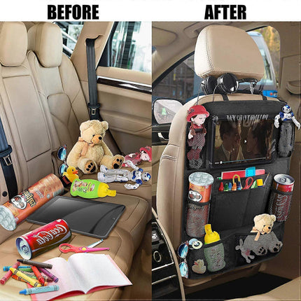 Car Back Organizer with Touch Screen Tablet Holder + 9 Storage Pockets Kick Mats Back Protectors Great Travel Accessories