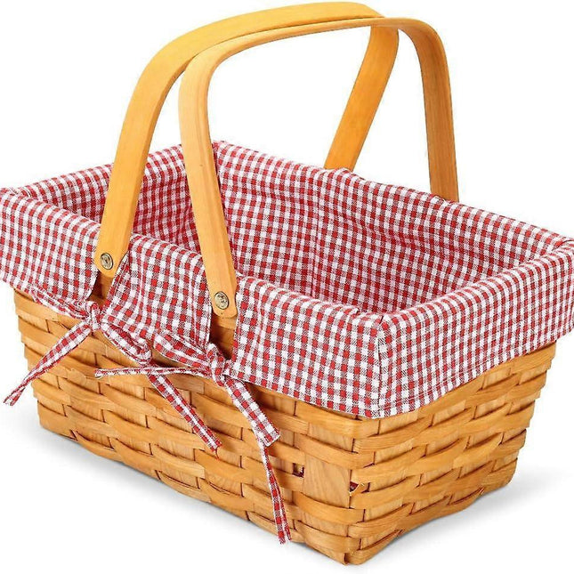 Wood Chip Picnic Basket with Double Folding Handles, Natural Woven Basket, Woven Basket for Gift Wrapping, Small Halloween Basket-Red