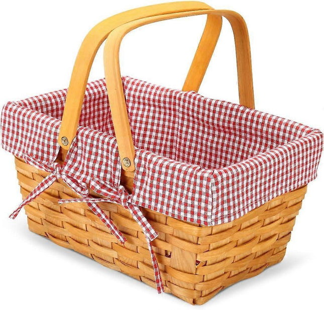 Wood Chip Picnic Basket with Double Folding Handles Natural Woven Basket Woven Basket for Gift in Red