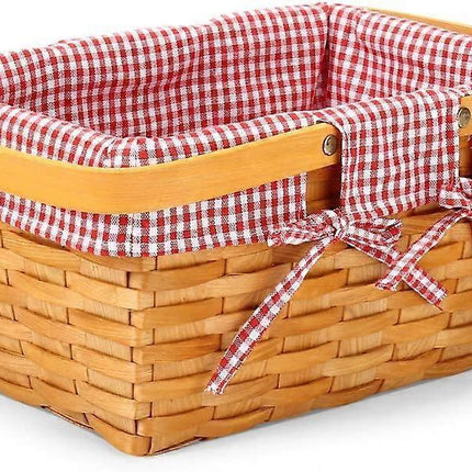 Wood Chip Picnic Basket with Double Folding Handles, Natural Woven Basket, Woven Basket for Gift Wrapping, Small Halloween Basket-Red