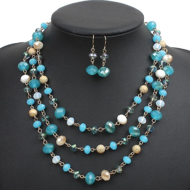 Multi Layer Crystal And Glass Beads Necklace And Crystal Earrings Crystal Jewelry Set