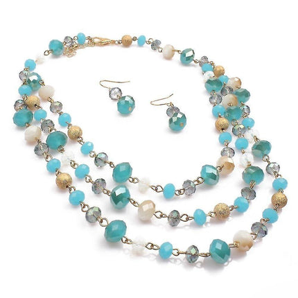 Multi Layer Crystal And Glass Beads Necklace And Crystal Earrings Crystal Jewelry Set - Blue