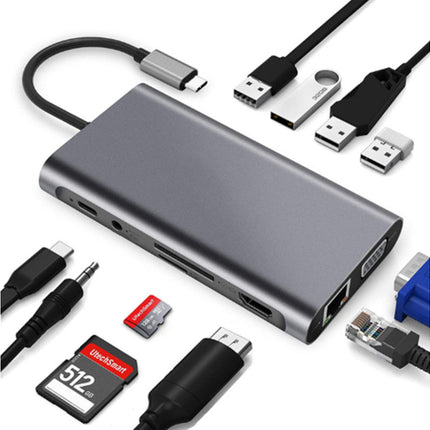 Type-c Docking Station 11 In One with Hdmi Network Card Multi-in-one Converter Usb Hub Expansion Dock for MacBook - Grey