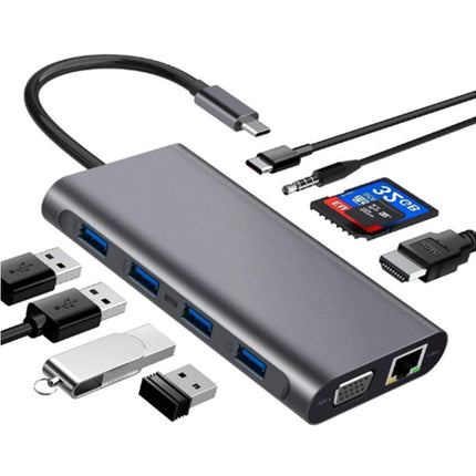 Type-c Docking Station 11 In One with Hdmi Network Card Multi-in-one Converter Usb Hub Expansion Dock for MacBook - Grey