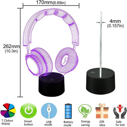 3D Illusion Headphone Headset Night Light 7 Colors