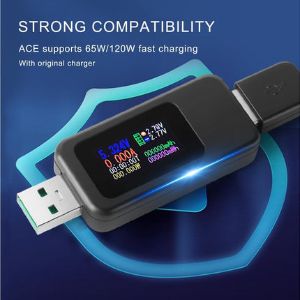 USB Tester LCD Digital Display Rapid Identification Plug And Play 160-Degree Wide Viewing Angle 65W/120W Charger Tester for Mobile Phone - Black