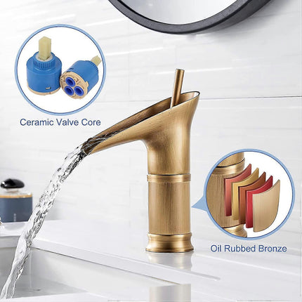 1Pcs Retro Brass Waterfall Bathroom Faucet, Waterfall Basin Faucet, Antique Bathroom Mixer Tap, Hot and Cold Water Hand Wash Faucet