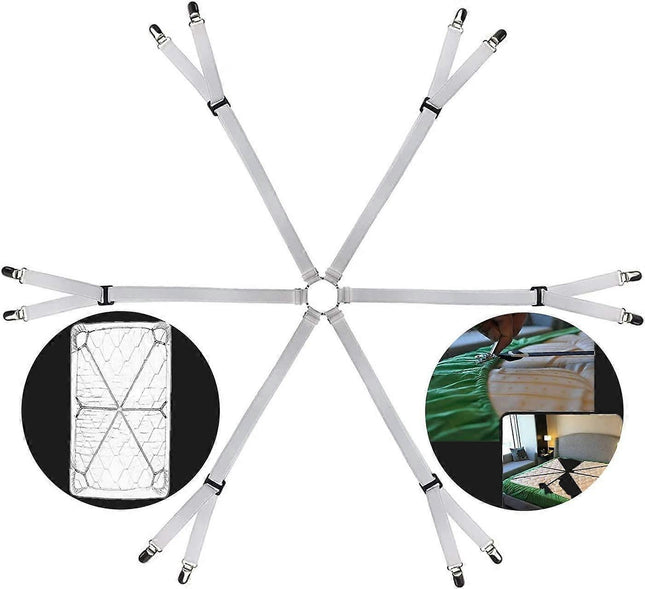 6-Way White Adjustable Bed Sheet Holder Straps Fit Twin/Full/Queen/King V1263-JX-3923